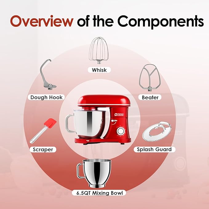 Kitchen in the box Stand Mixer - 6.5 Quart Mixing Bowl with Handle, 900 Watt Powerful Heavy Bread Dough Mixers Tilt-head with Dough Hook, Whisk, Flat Beater and Splash Guard (Red)