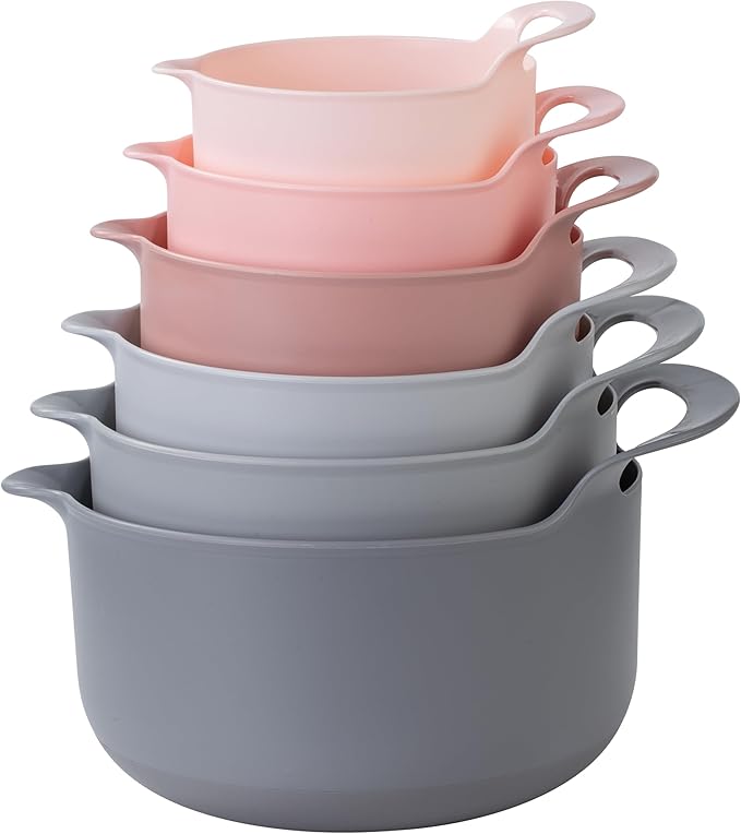 COOK WITH COLOR Nesting Plastic Mixing Bowl Set with Pour Spouts and Handles, Pink, 6 Piece Non-Slip
