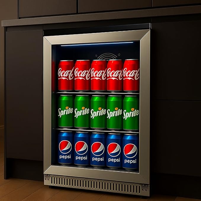 20 Inch Built-in Beverage Refrigerator with 7-Color LED Light, Compact 120 Can Under Counter or Freestanding Stainless Steel Drink Cooler Fridge with Glass Door for Soda & Beer