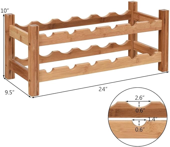 COSTWAY Wine Rack, Bamboo 12 Bottles 2-Tier Wine Display Rack for Countertop Home Kitchen Pantry, Free Standing Wine Storage, Rack Tabletop Wine Rack (Nature)