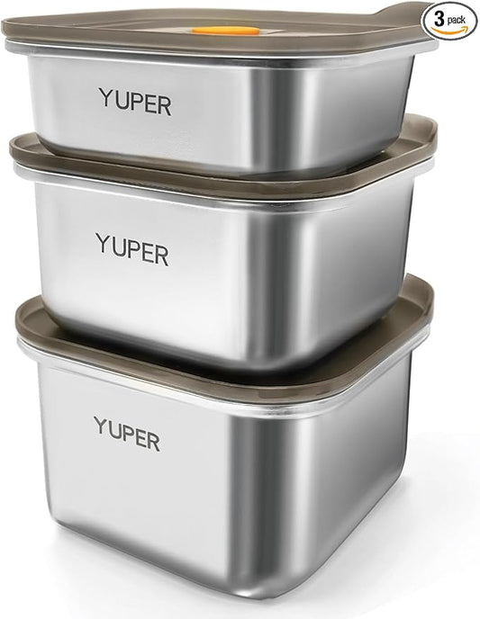 YUPER Stainless Steel Food Containers, Meal Prep Container, Bacon Cheese Sandwich Container for Refrigerator, Stainless Steel Containers with Airtight Lids, 3 Pack (17+27+33OZ)