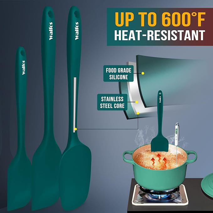 Walfos Silicone Spatula Set of 7 - (600°F) High Heat Resistant Dark Green Kitchen Scraper Spatulas, One-Pieces Seamless Design, Perfect for Cooking Mixing & Baking - BPA Free and Dishwasher Safe