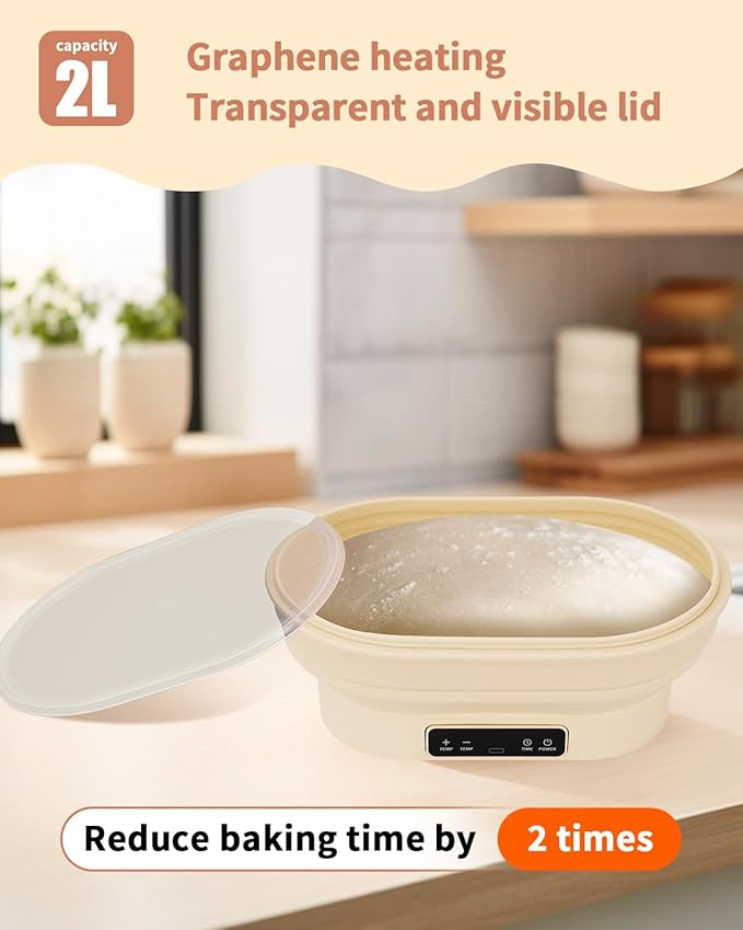 2L Heating Bread Proofing Basket Set Foldable Thermostatic Silicone Bowl with 77-122℉ 6 Gears Temperature & 6H Timer, for Artisan Baking Sourdough Starter Bread Making Supplies Tools Kit