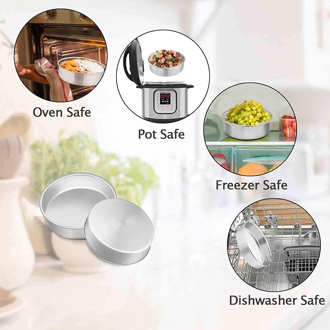 TeamFar 6 Inch Cake Pan, 2 Pcs Round Tier Cake Pan Set Stainless Steel for Baking Steaming Serving, Fit in Oven Pot Air Fryer, Healthy & Heavy Duty, Mirror Finish & Easy Clean, Dishwasher Safe