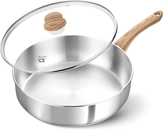 KOCH SYSTEME CS Saute Pan with Lid, 10 Inch Stainless Steel Saute Pan with Lid, Deep Frying Pan with Cool-Touch Bakelite Handle, Stylish Stainless Steel Pan, Deep Fry Pans 4 Quart, Induction Ready