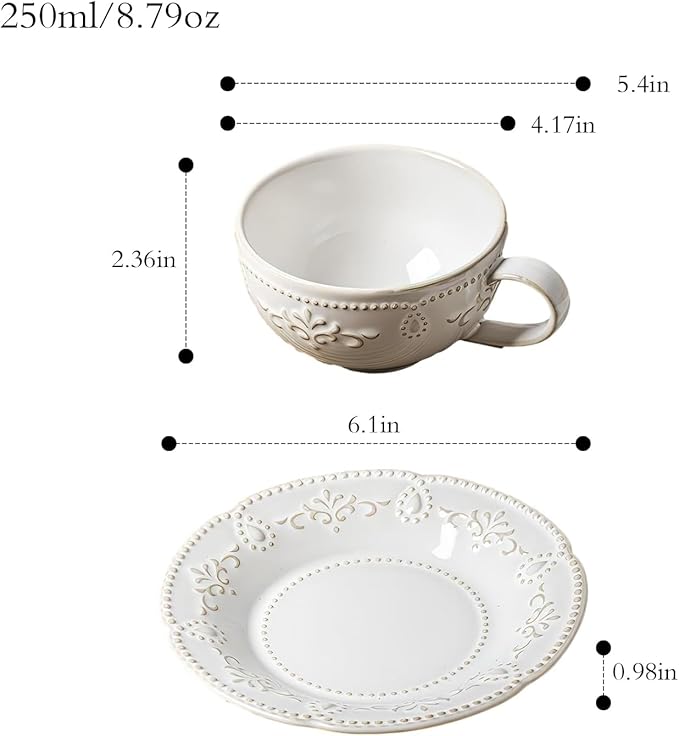 6 oz Cappuccino Cups with Saucers, Suit For House-warming, Ceramic Embossment Coffee Cup for Au Lait, Double shot, Latte, Cafe Mocha, Tea - Set of 4, Arctic white