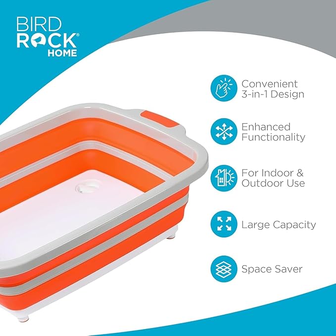 BIRDROCK HOME 2-pack Collapsible BBQ Prep Tub w/Cutting Board, Multi-Function Grill Caddy w/Colander & Lid, Portable Silicone Dish Bowl for Picnic, Tailgate, Camping (Orange, X-Large)