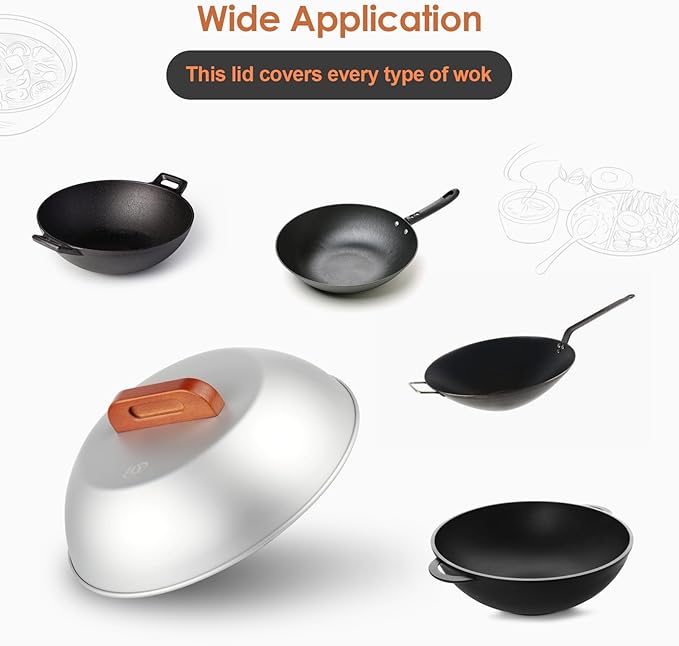 Aluminum Wok Cover for 13"-14" Hand Hammered Wok, 12.5 inch Flat Wok Lid