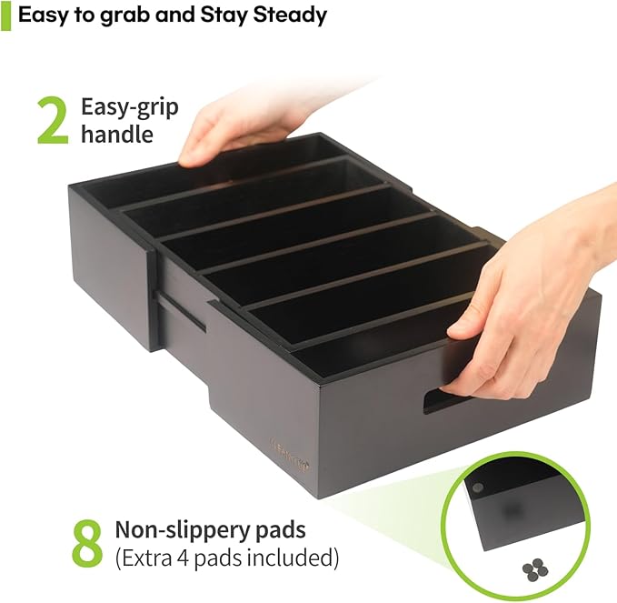 Expandable Kitchen Cabinet Organizer for Food Storage Container Lids, Bamboo Drawer Caddy Adjustable Dividers, Box for Kitchen Storage and Organization, Lids Organizer for Cabinet (Black)