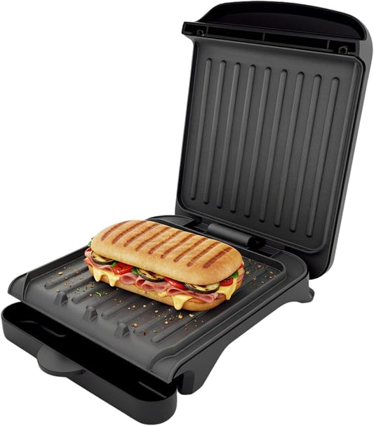 OVENTE 2-Serving Electric Indoor Grill & Panini Press with Easy Clean Non-Stick Plate Coating, Opens 180 Degrees, 8.15" x 7.4" Space Saving Design, 750W Contact Grill for Burgers & More, Black GP222B