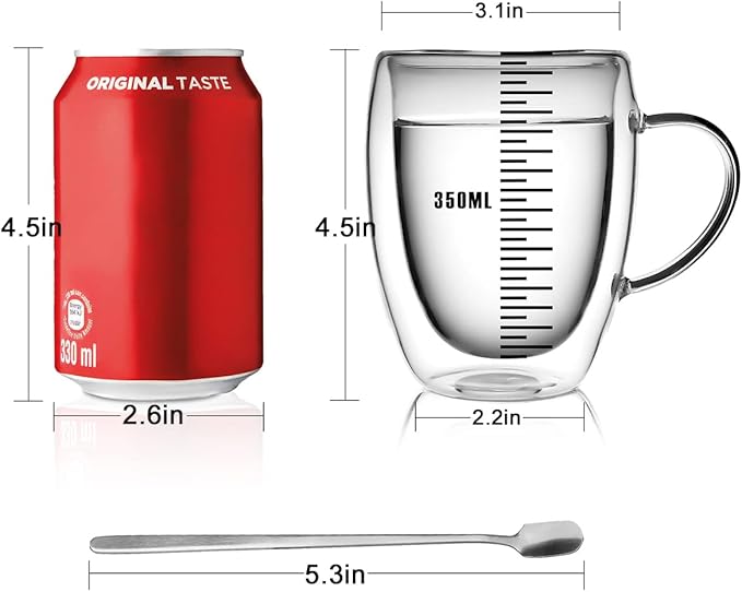 LIBWYS 2 Pack Double Walled Coffee Cups Glasses Mugs, 12oz Espresso Cappuccino Latte Tea Cups with Handle, Heat Resistant Borosilicate Clear Glasses 350ml