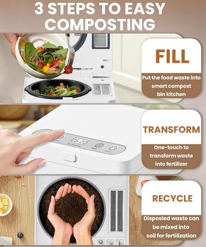 3L Compact Electric Composter for Kitchen, Odorless Smart Compost Bin, Self-Cleaning & Digital Display - Fast 4-6H Food Waste to Fertilizer Conversion for Outdoor Use