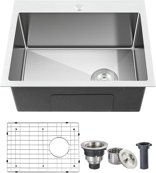 ROVOGO 20x16x9 in. Drop-in Kitchen Sink Single Bowl, 304 Stainless Steel Handmade Modern Sink Top Mount with Bottom Grid and Offset Drain Assembly, 1 Faucet Hole, Brushed