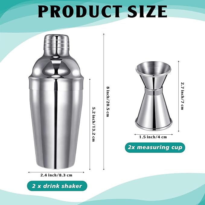 Umigy Cocktail Shaker Set Martini Shaker Bulk Stainless Steel Martini Mixer with Strainer and Double Measuring Jigger for Bar Party Home Use Wine Bar Tool (18 Oz/ 550 ml,2 Packs)