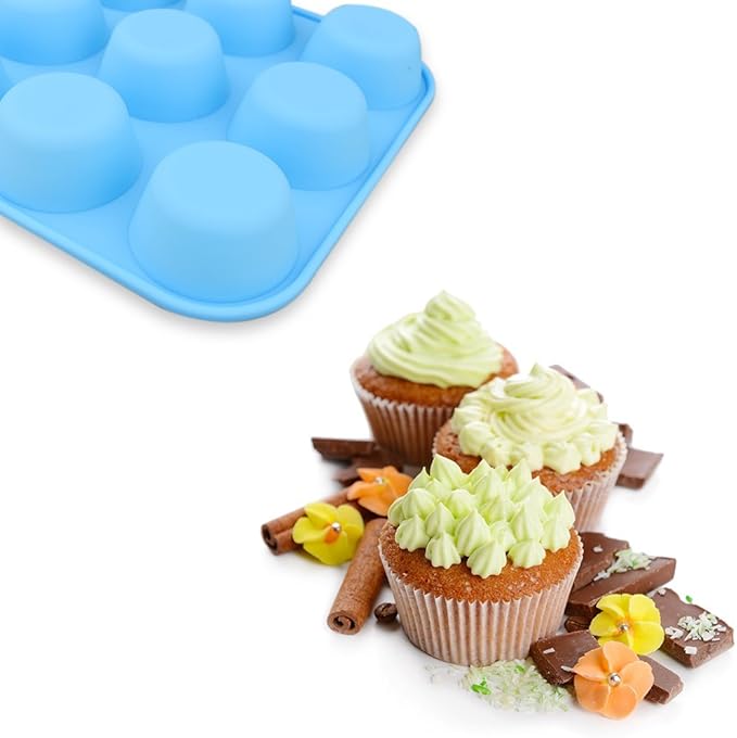 homEdge 12-Cup Silicone Muffin Pan, Pack of 3 Non-Stick Muffin Molds, Baking Pan for Cupcake, Tarts, Egg Bites-Blue
