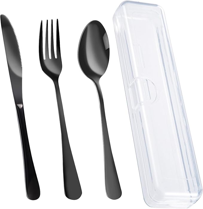 4PCS Premium Travel Utensils With Case, Stainless Steel Reusable Portable Utensils Set With Case, Lengnoyp Travel Silverware Set With Case for Lunch Box Includ Fork Spoon Knife Set, Black