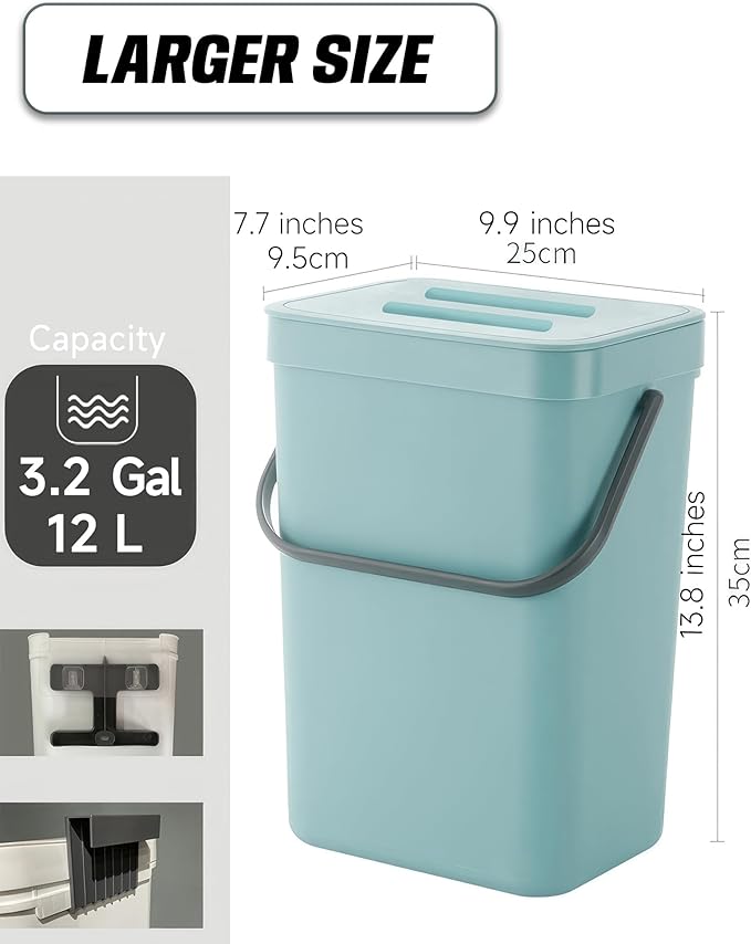 Kitchen Compost Bin - 3.2 Gallons Hanging Trash Can with Lid for Kitchen Bathroom, Under Sink Trash Can, Outdoor Compost Bucket with Lid, 12L(Subtle Blue)