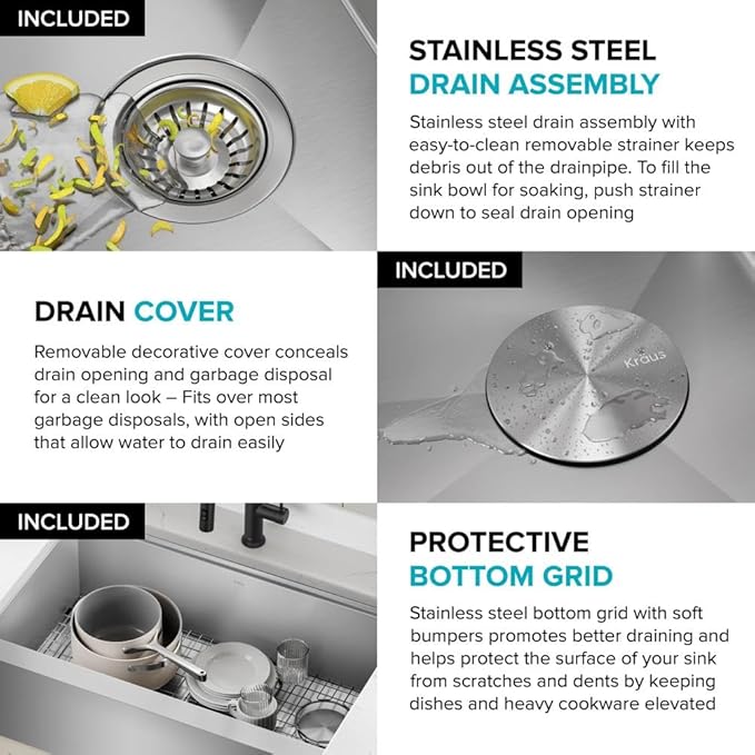 KRAUS Kore 27-Inch Farmhouse Workstation 16 Gauge Stainless Steel Kitchen Sink with Accessories, KWF210-27