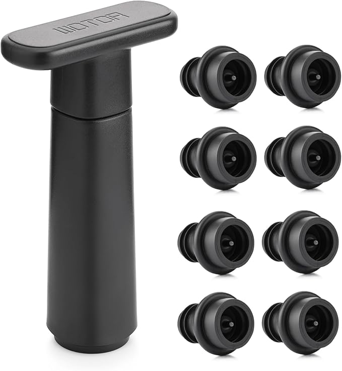 Wine Saver Vacuum Pump with 8 Stoppers, Wine Stopper & Preserver, Reusable Bottle Sealer Keeps Fresh, Ideal Accessories Gift (Flat Handle)