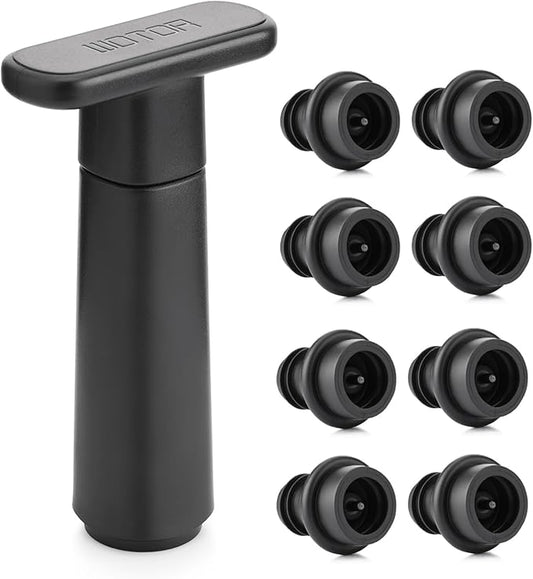 Wine Saver Vacuum Pump with 8 Stoppers, Wine Stopper & Preserver, Reusable Bottle Sealer Keeps Fresh, Ideal Accessories Gift (Flat Handle)