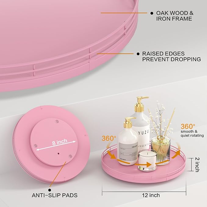 12" Oak Wood Bathroom Tray for Counter, Vanity Tray for Perfume Lotion Candle Makeup Jewelry Sink Soap Holder Turntable Dresser Organizer Countertop Coffee Table Decor Organization and Storage Pink