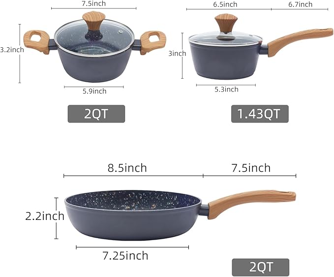 3-Piece Nonstick Cookware Set, 8.5 Inch Frying Pan & 2 Pots with Lids | PFAS & PFOA Free Non-Toxic Coating | Induction Compatible, Dishwasher Safe | Pots and Pans Set for Beginner Kitchen