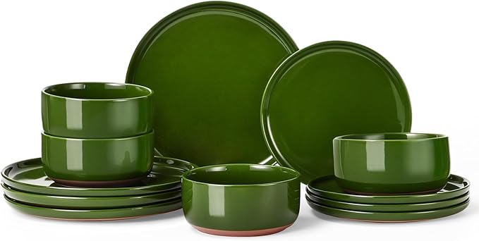 GZG Modern Art Series - 12 Pcs Speckled Stoneware Plates and Bowls Sets, Ceramic Dinnerware Set with Rustic Terracotta Underside, Microwave and Dishwasher Safe Handcrafted Dishes Set - Verdant Green