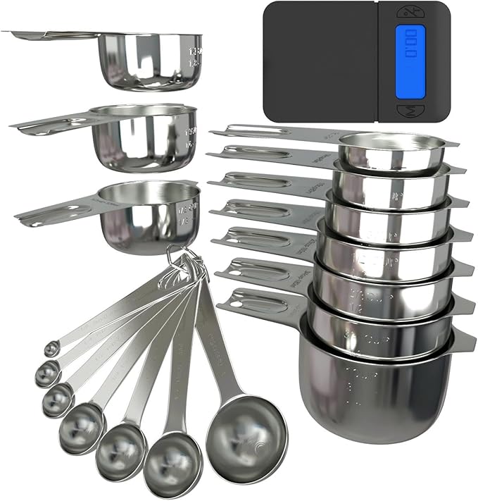 Stainless Steel Measuring Cups Used for Baking, Measuring Spoons and Kitchen Scale, 16-Piece Set, 6 Cups, 6 Spoons, Conversion Chart And Digital Kitchen Scale