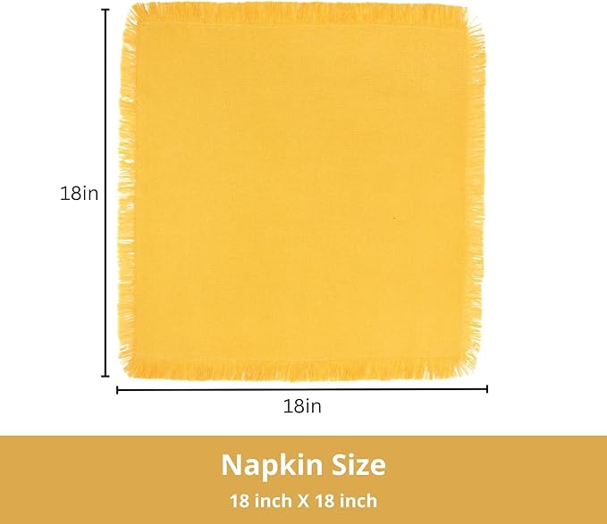 PurpleEssences Cloth Napkins with Fringes, 100% Cotton Christmas Holiday Winter Table Decor, Set of 6 18x18 Inch Reusable Dinner Napkins for Parties and Weddings - Golden Yellow