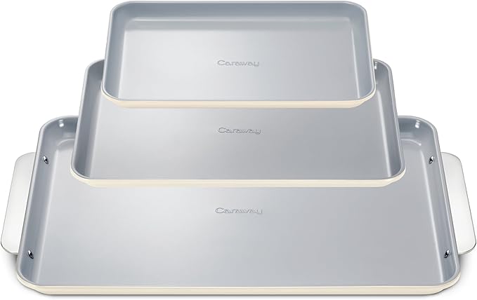 Caraway Non-Stick Ceramic Baking Sheet Trio - Naturally Slick Ceramic Coating - Non-Toxic, PTFE & PFOA Free - 18 x 13" Large, 15 x 10" Medium, & 9" x 13" Small - Cream