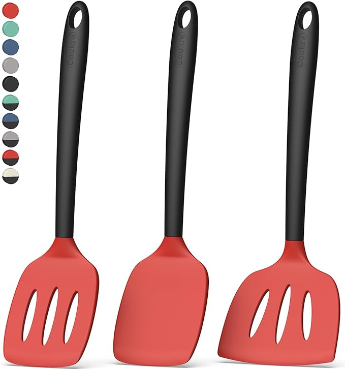 Coukre 3 Pack Silicone Spatula Set, High Heat Resistant, BPA-Free, Fish Spatula, Solid & Slotted Turner for Non-Stick Pans, Flipping Eggs, Pancakes, Fish, Burgers (3, RedBlack)