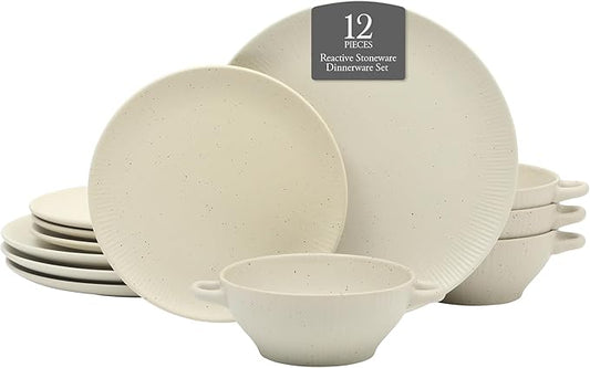 Gibson Elite Clover Hill 12-Piece Stoneware Dinnerware Set – White Cream Embossed Plates and Bowls with Matte Speckled Reactive Glaze, Service for 4 – Microwave & Dishwasher Safe