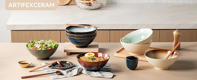 8 Inch Ceramic Ramen Bowl Set of 2, 40oz Japanese Bowls with Spoons & Chopsticks,Durable,Microwave & Dishwasher Safe,Perfect for Ramen,Pho,Salad,Soup,Noodles，Mixing bowls (Aurora Galaxy)