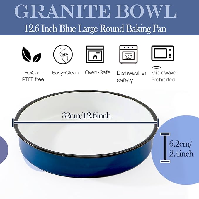 Enamel Large Roasting Pan 12.6 Inch Blue Baking Pan for Turkey Chicken Vegetables Round Cake Pan Dishwasher Safe Heavy Duty Bakeware With 2.4 Inch Depth Oven Broiler & Stovetop Safe
