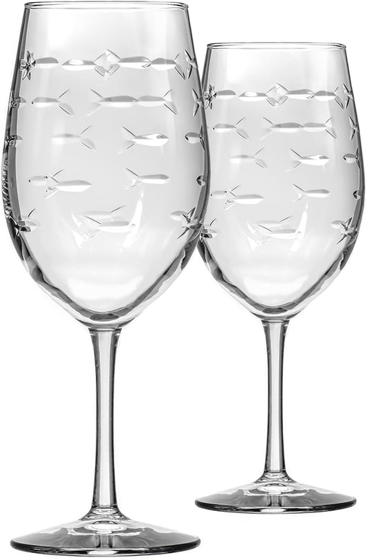 Rolf Glass School of Fish 18oz All Purpose Wine Glass | Set of 2 | Large Wine Glasses | Lead-free Crystal Glass | Engraved Wine Glasses | Made in the USA