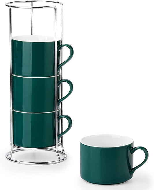 10 Ounce Green Porcelain Stackable Cappuccino Cups with Stainless Steel Holder, Set of 4, Durable Ceramic, Perfect for Home, Office or Gift