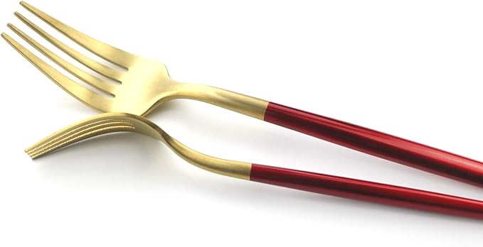 Gugrida 5 Pieces Matte Gold Red Handle 18/10 Stainless Steel Silverware Set, Flatware Set Cutlery Set, Utensils Set for Home Restaurant, Dishwasher Safe (Red Gold)