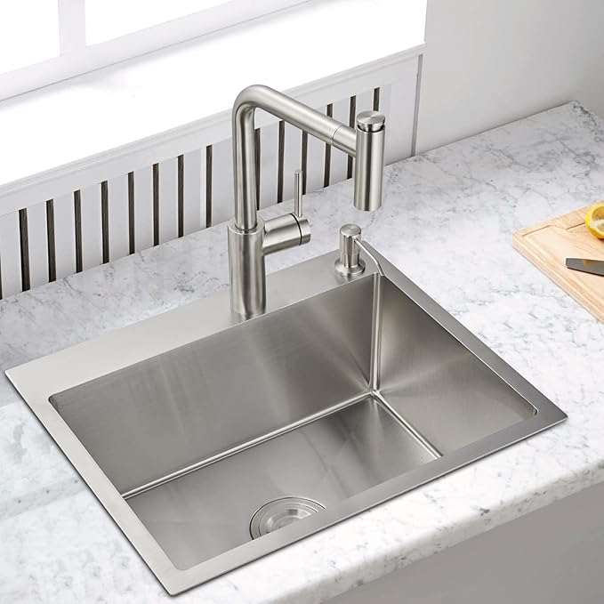 ROVOGO 22x18x9 inch Drop in Kitchen Sink Single Bowl, 304 Stainless Steel Modern Sink Top Mount with 2 Holes, Brushed