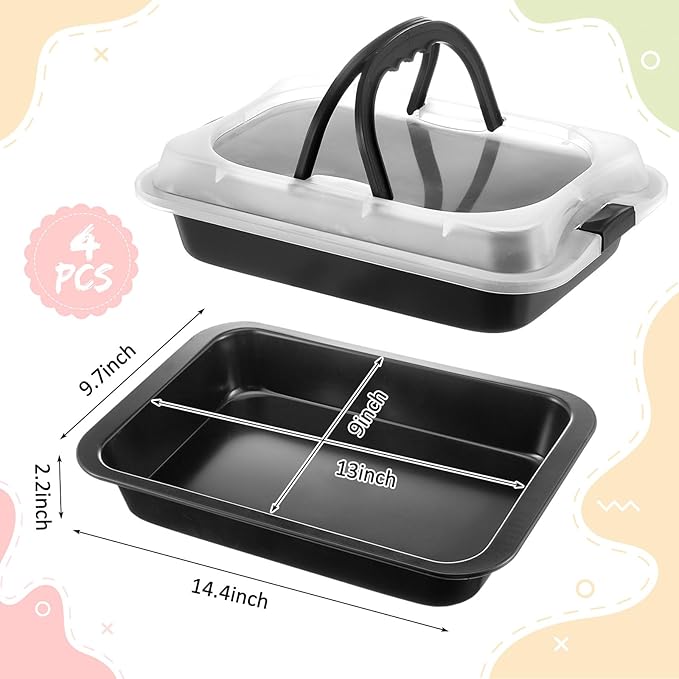 4 Pcs Cake Baking Pan with Lid and Handle, 9 x 13 Inch Non-stick Rectangle Sheet Cake Pan Carrier for Brownie Roasting Cooking Baking (Black Gray)