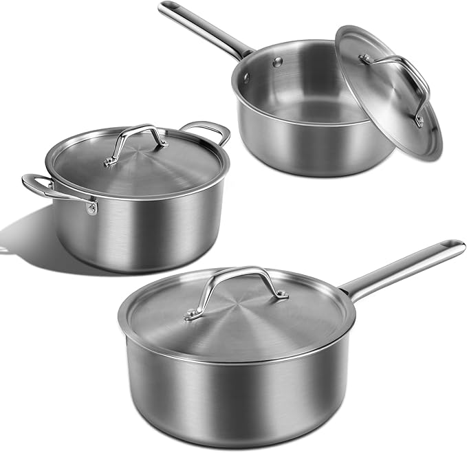 Saucepan Set with Lids,3-Ply Stainless Steel Cookware 1.5QT,3QT and 5QT,Professional Grade Cookware,Induction Compatible