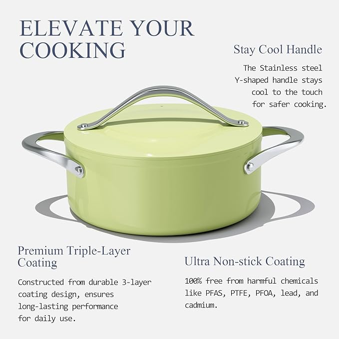Stock Pot 4.5qt Ceramic Dutch Oven with Lid (9.5") Nonstick Ceramic Coated Non-Toxic PFAS-Free Even Heat Distribution for Braising, Baking Bread & Soups, Compatible for All Cooktops(Induction/Gas/Electric) Oven Safe to 500°F, Olive Green