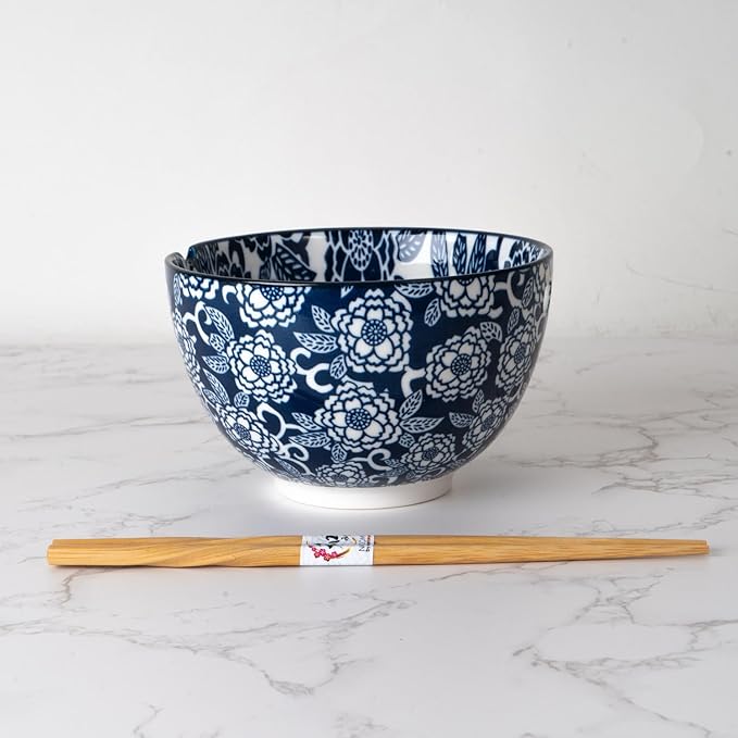 Urban Tokyo Porcelain Japanese Motif Design Ramen Udon Noodle Rice Bowl With Chopsticks 20 fl oz 6 inch Diameter Bowl Sets Color Box Packaging (Botan Peony Flower)