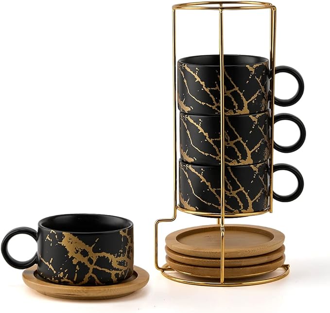 LUKA Porcelain Espresso Cup with Metal Stand, 6 Ounce Stackable Ceramic Demitasse Espresso Mugs Cappuccino Cups Set for Latte,Coffee,Cafe Mocha,Tea(Set of 4,Black)