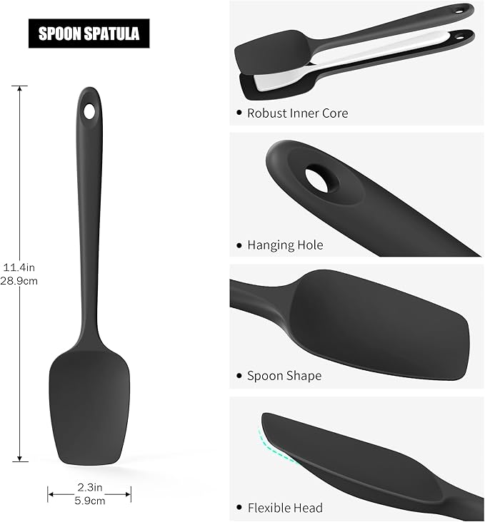 Heat Resistant Silicone Spoon Spatulas, Doosu 600°F High Temp Flexible Cooking Spoons Kitchen Spoonula Scratch-Proof for Mixing Stirring Scraping Serving Non-Stick Cookware (Set of 3, Black)