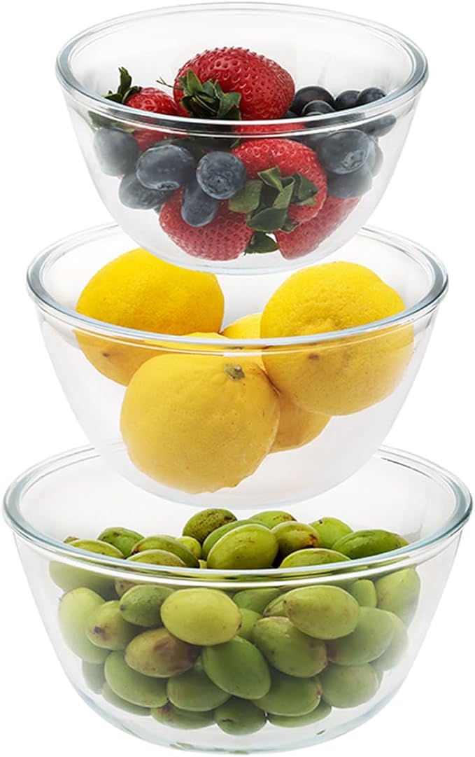 3pc Glass Mixing Bowls Sets (1.64QT, 1.16QT, 0.85QT), Nesting Mixing Bowls for Cooking Prep, Baking, Storage, Large Salad Bowls Sets-Dishwasher Microwave Freezer Safe