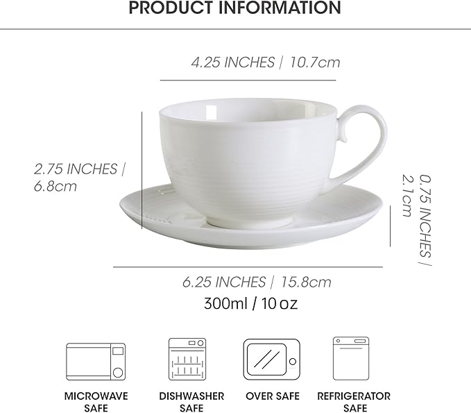 10OZ Ceramic Cappuccino Cups Set with Saucers, Porcelain White Espresso Coffee Cup Sets for Tea, Latter, Mocha, Cocoa, Dishwasher Safe, Gift for Anniversary or Holiday (4PCS) ﻿ ﻿