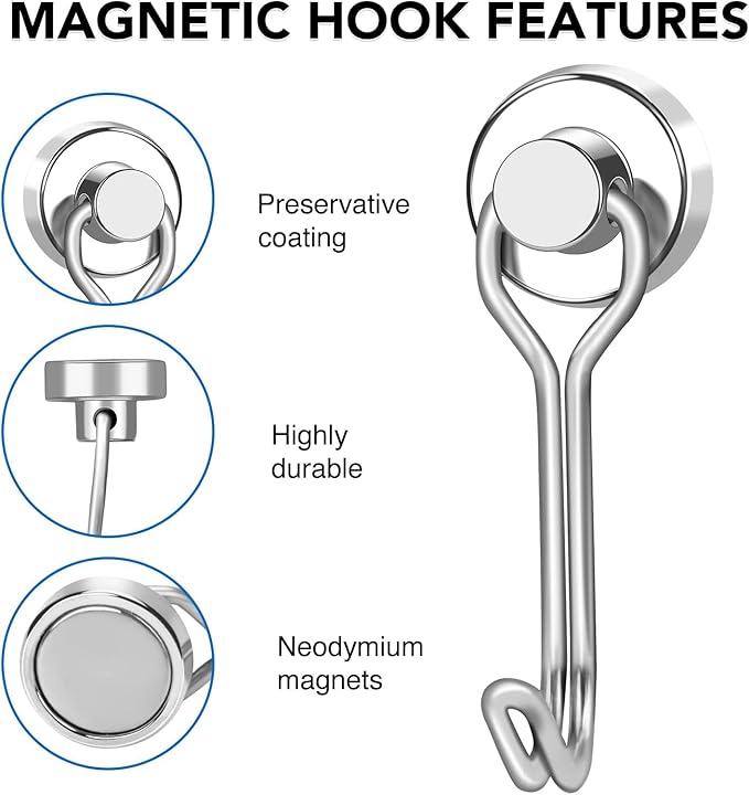 LOVIMAG Hooks, 30lbs+ Magnetic Magnet Hook 2025 Cruise Cabin Ship Essentials Heavy Duty Strong Refrigerator Fridge Hanging for Classroom Beach Vacation Kitchen Grills Home Mug Hanger (6 Pack), Silver