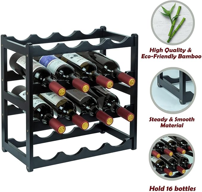 Bamboo Wine Rack, Sturdy and Durable Wine Storage Cabinet Shelf, Wine Racks Countertop for Pantry - 4 Tiers 16 Bottle Wine Rack Black