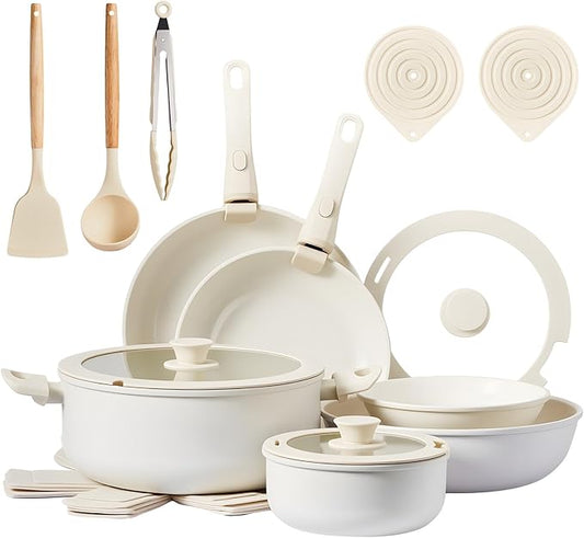 ROVSUN 22 Pcs Nonstick Pots and Pans Set, Cast Aluminum Kitchen Cookware Set with Detachable Handles, RV Kitchen Cooking Set and Utensils, Dishwasher Safe, PFAS PFOA & PFOS Free, Cream White