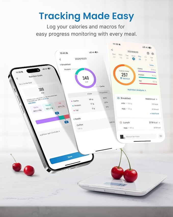 RENPHO Food Scale with Nutritional Calculator, Digital Kitchen Scale for Weight Loss, Smart Food Weight Scale with App for Macro Keto Calorie Cooking, Grams and Ounces, White, 11lb/5kg